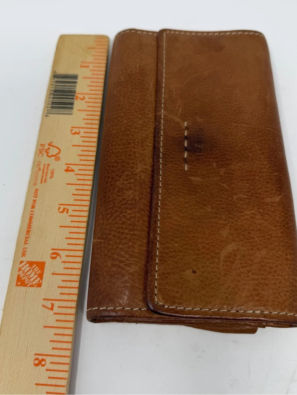 Fossil Brown Leather Trifold Pop Stitch Logo Checkbook Style Wallet